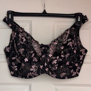 Women’s 40H Black Lace Bra Pink Floral Embroidery Full Coverage Underwire
